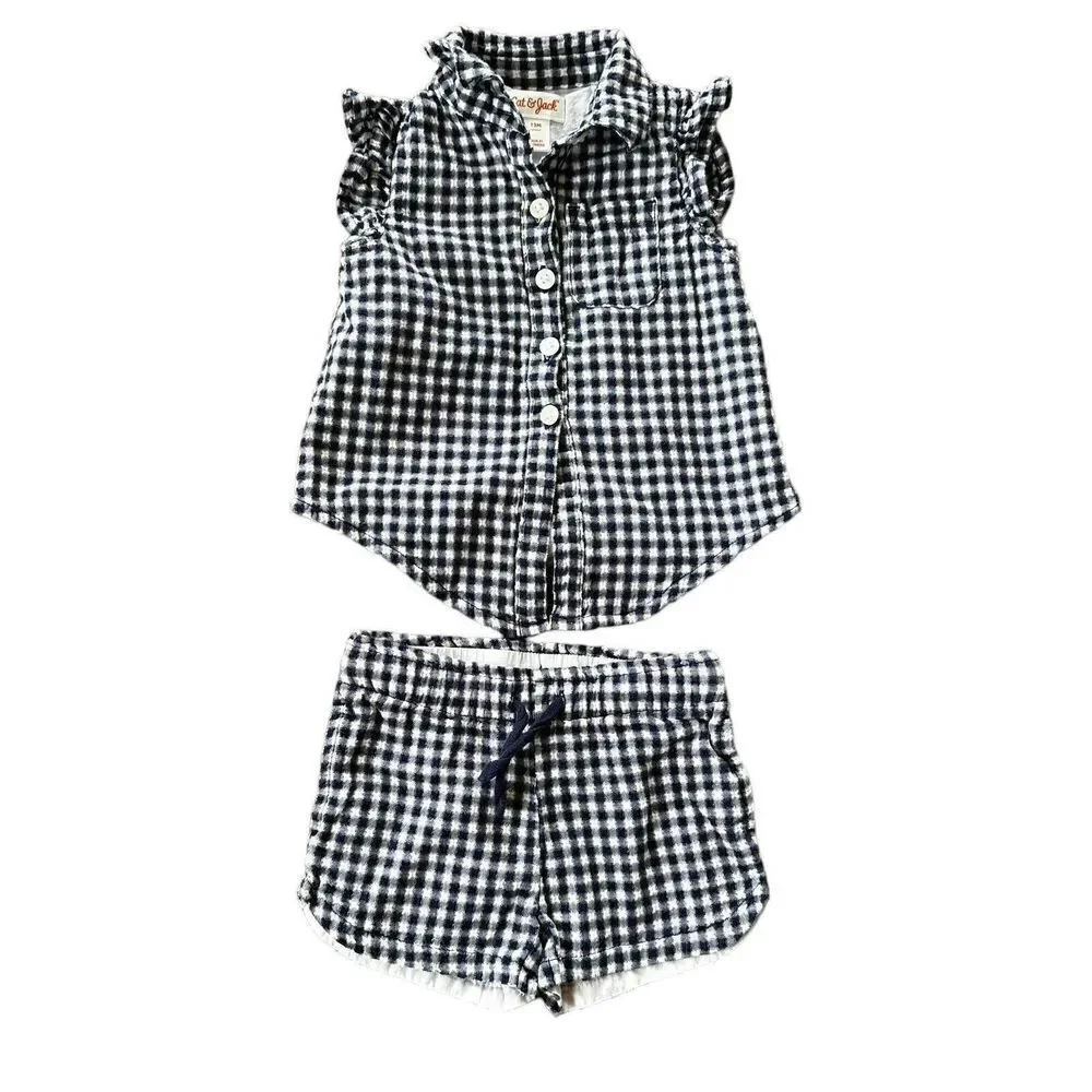Cat & Jack Girls Gauze Gingham Check Shirt Shorts Set Sz 12 Months‎ Navy White